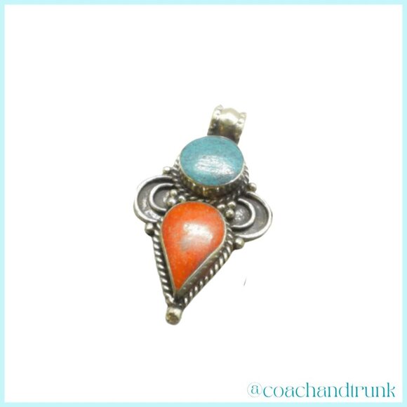 Turquoise Coral Inlay Natural Artisan Handcrafted Ornate Metal Work Pendant Only - Picture 3 of 3